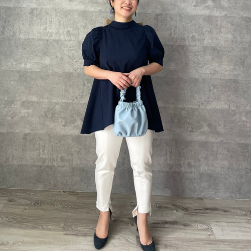 小柄S】パフスリーブが可愛いコットン素材バックリボンブラウス：紺