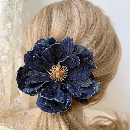 デニムの布花ブローチ コサージュ 髪飾り アクセサリー