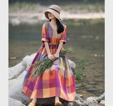 リゼッタ　ヘリンボーン柄　ウエストギャザー　リネンワンピース　ベルティーユ