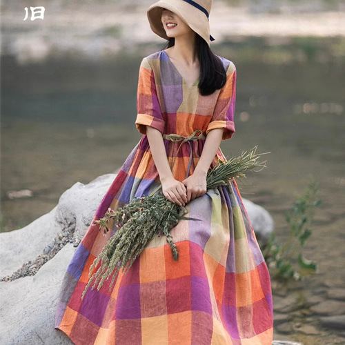 先染リネン100%】ポジティブな配色チェック柄 Vネックロングワンピース