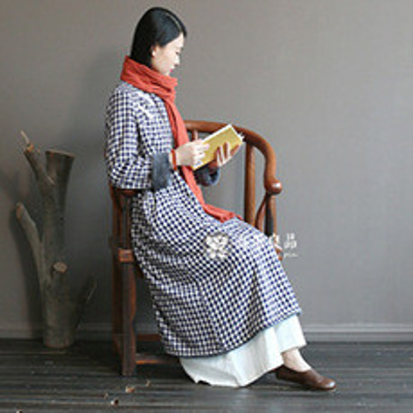 1888 年秋冬格子圖案棉質絲絨連身裙 第10張的照片