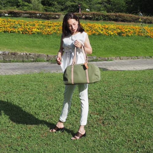 帆布ボストンバッグ AK-1 モスグリーン×フォーン ボストンバッグ