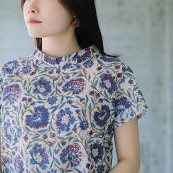【熱銷單品】清爽印度棉！立領印花短袖襯衫（尺寸 22s-21）藍色 第14張的照片