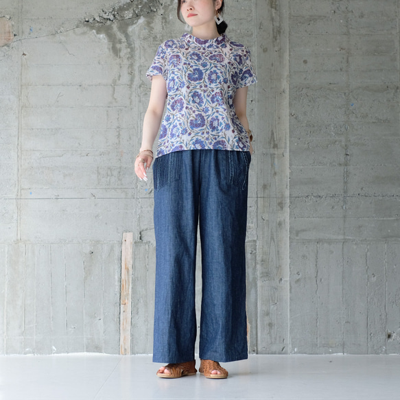【熱銷單品】清爽印度棉！立領印花短袖襯衫（尺寸 22s-21）藍色 第4張的照片