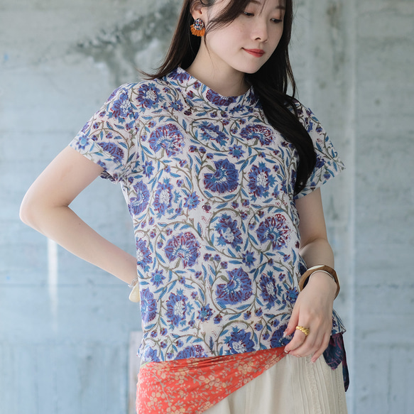 【熱銷單品】清爽印度棉！立領印花短袖襯衫（尺寸 22s-21）藍色 第10張的照片