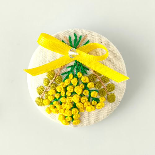 ふっくらミモザのスワッグ刺繍ブローチor刺繍ヘアゴム 入学式 卒園