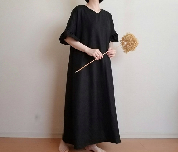 <creema限定> Hirahirasode one piece JAPANESE LINEN 漆黒 6枚目の画像