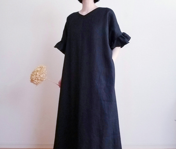 <creema限定> Hirahirasode one piece JAPANESE LINEN 漆黒 12枚目の画像