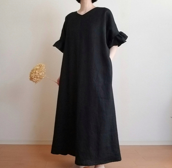 <creema限定> Hirahirasode one piece JAPANESE LINEN 漆黒 7枚目の画像