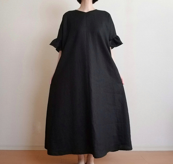 <creema限定> Hirahirasode one piece JAPANESE LINEN 漆黒 5枚目の画像