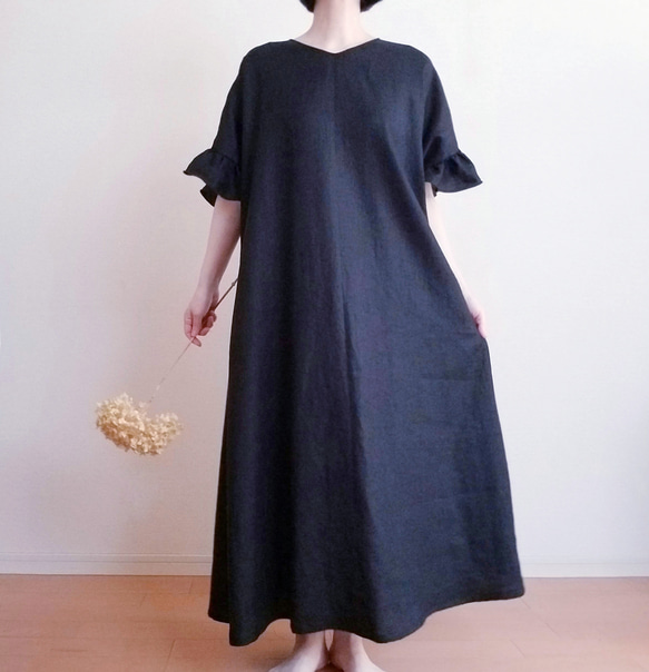 <creema限定> Hirahirasode one piece JAPANESE LINEN 漆黒 14枚目の画像