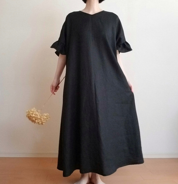 <creema限定> Hirahirasode one piece JAPANESE LINEN 漆黒 3枚目の画像