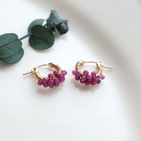 ｛ピアス/イヤリング｝14kgf/petit berries hoops ルビー〔7月誕生石〕 1枚目の画像