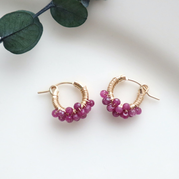 ｛ピアス/イヤリング｝14kgf/petit berries hoops ルビー〔7月誕生石〕 2枚目の画像