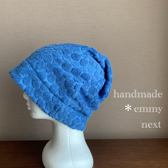 送料無料＊handmade今治産タオルで作った帽子〈ドットネイビー・タグなし〉かわいい医療用帽子　ケア帽子　ケアキャップ 3枚目の画像