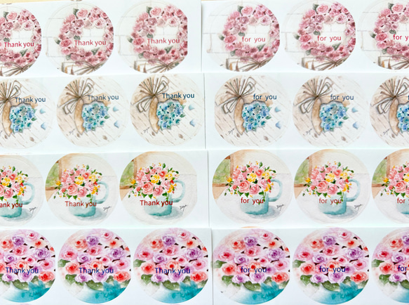 バラ水彩画シール」丸シール48枚 サンキューシール ばら 薔薇 花