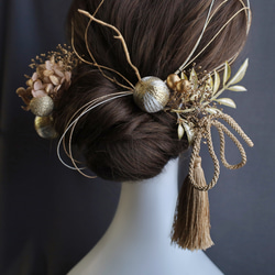 和装　枝と和玉 ピンクゴールドの髪飾り　ピンクベージュ 3枚目の画像
