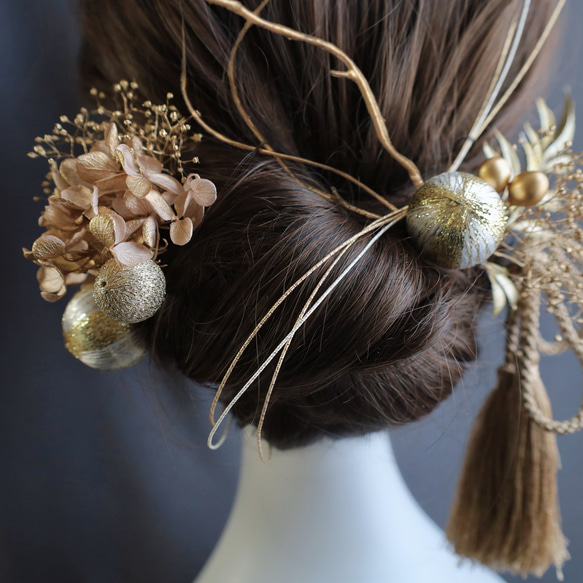 和装　枝と和玉 ピンクゴールドの髪飾り　ピンクベージュ 4枚目の画像