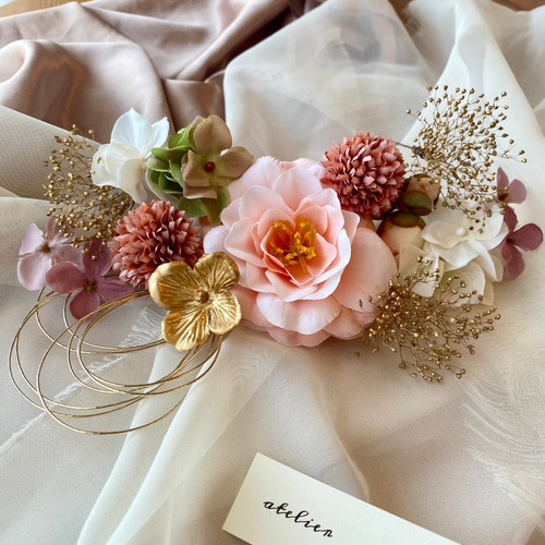 ピンク椿の髪飾り 水引 振袖 袴 白無垢 色打掛 和装 着物 花嫁 ツバキ