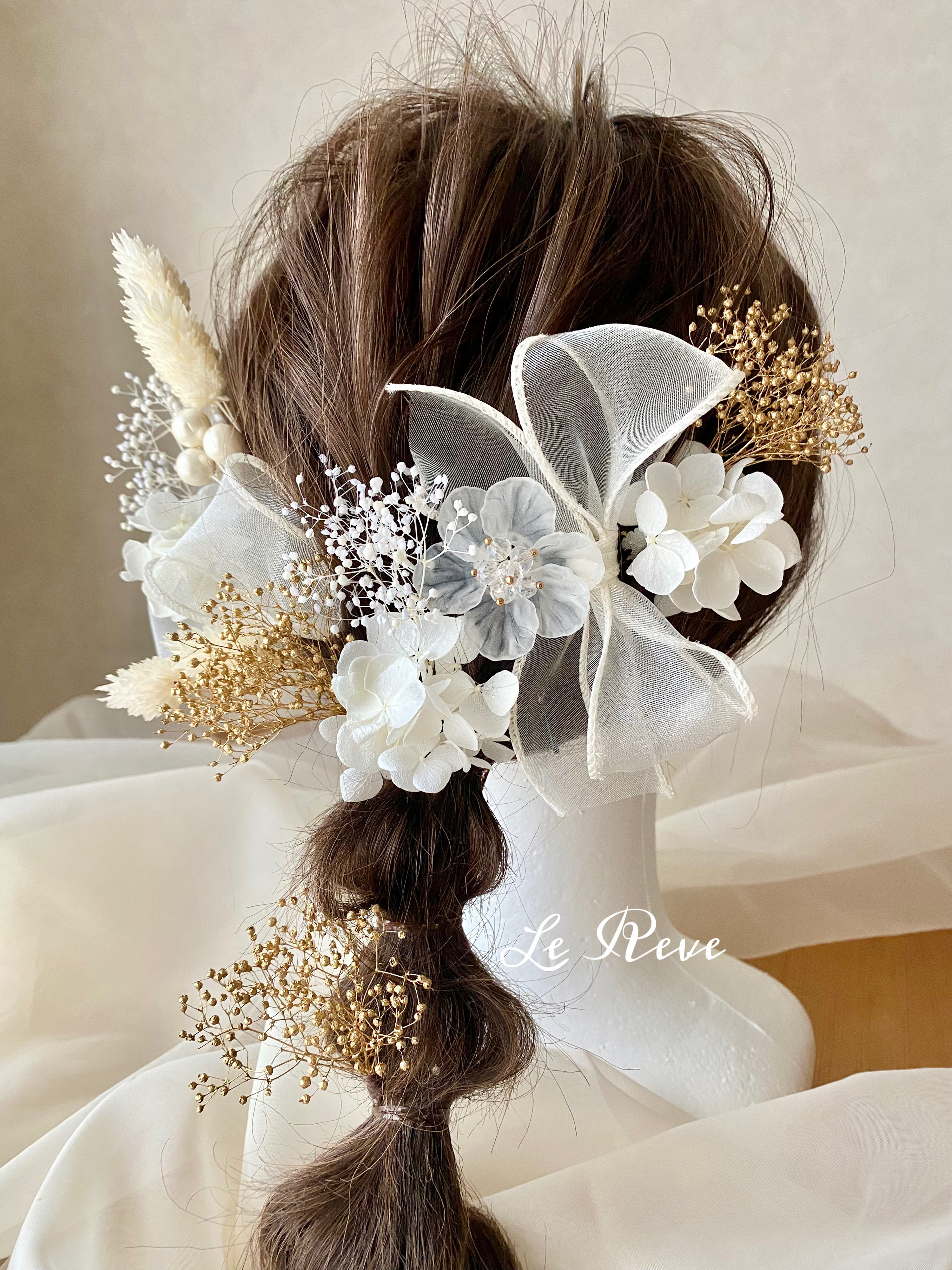 すりガラス風ビジューホワイト髪飾り　水引　振袖　袴　白無垢　色打掛　和装　着物　白　成人式髪飾り　卒業式髪飾り