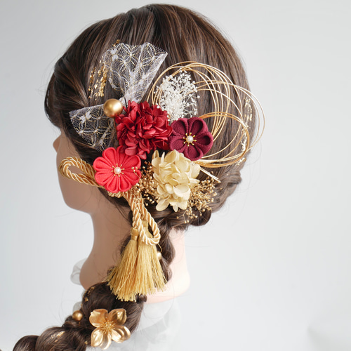 A411 つまみ細工 髪飾り 赤 卒業式 袴 結婚式 ドライフラワー 成人式