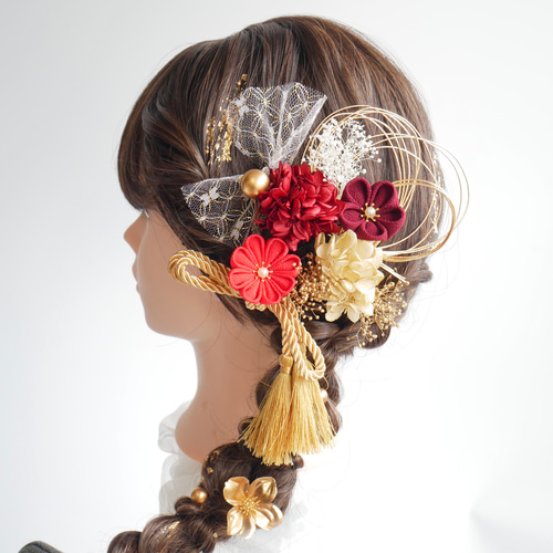 A411 つまみ細工 髪飾り 赤 卒業式 袴 結婚式 ドライフラワー 成人式
