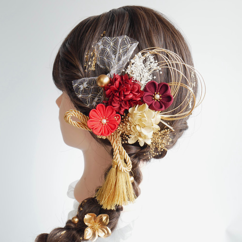 A411 つまみ細工 髪飾り 赤 卒業式 袴 結婚式 ドライフラワー 成人式