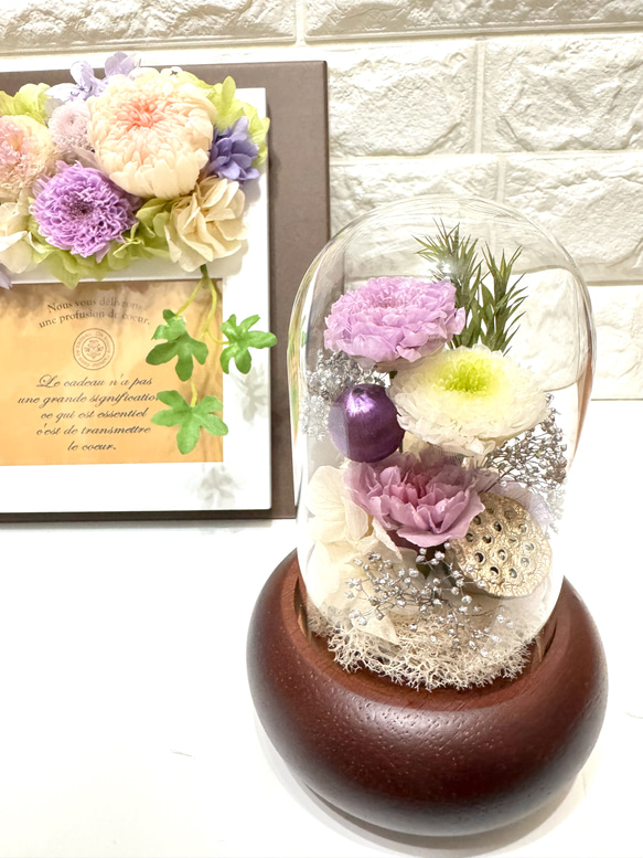 お供え花 (仏花) 木製台 ガラスドーム プリザーブドフラワー 1個5500円