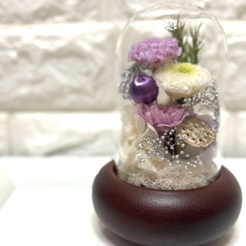 お供え花 (仏花) 木製台 ガラスドーム プリザーブドフラワー 1個5500円