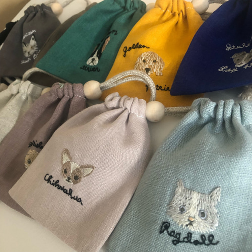犬と猫の刺繍ミニ巾着【うちの子オーダー】 巾着袋 leparc 通販