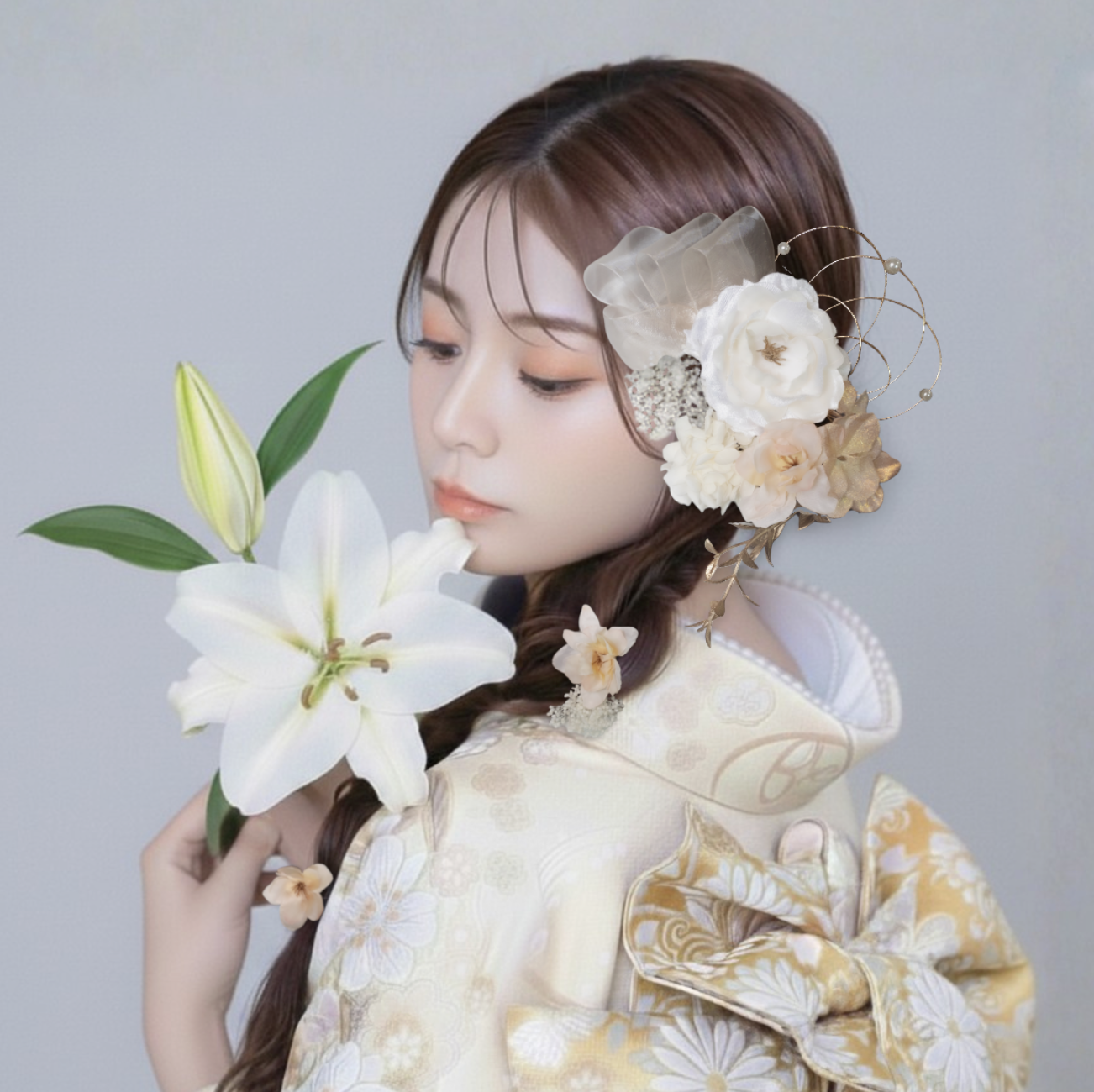 成人式 髪飾り ホワイトベージュ×ゴールド 卒業式 袴 振袖 結び桜 No.WG05 和装ヘア 結婚式 前撮り リボン 6,808円