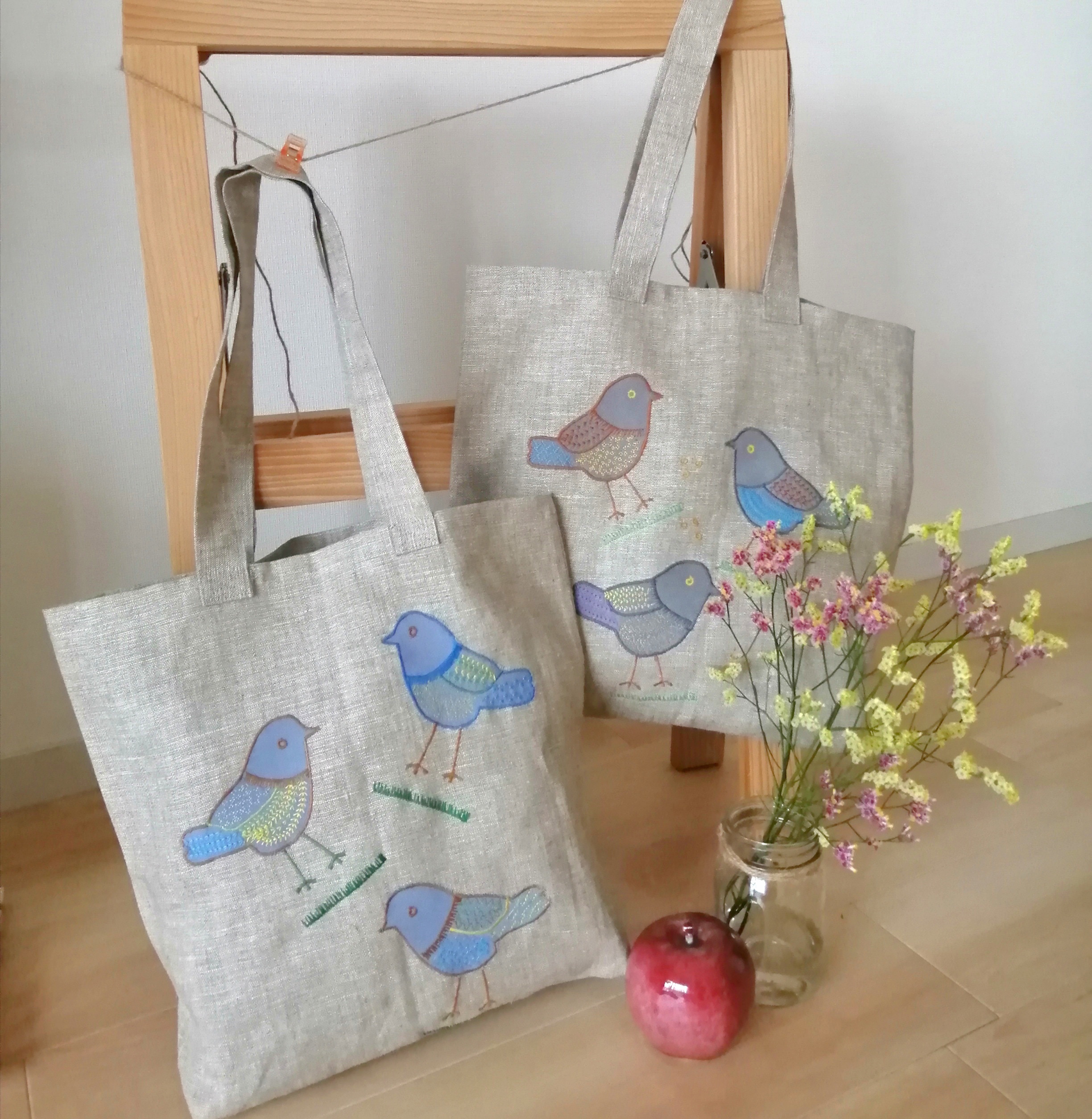 麻100％ 鳥さん刺繍アップリケ マルシェバッグ リトアニアリネン