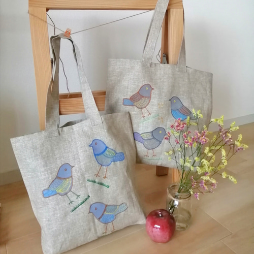麻100％ 鳥さん刺繍アップリケ マルシェバッグ リトアニアリネン 