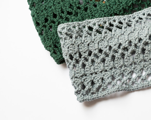 リネンとコットンで頭を優しく包む、透かし編みのヘアバンド。長さ調節可。色：茶・緑・黒・桃・白・水 5枚目の画像