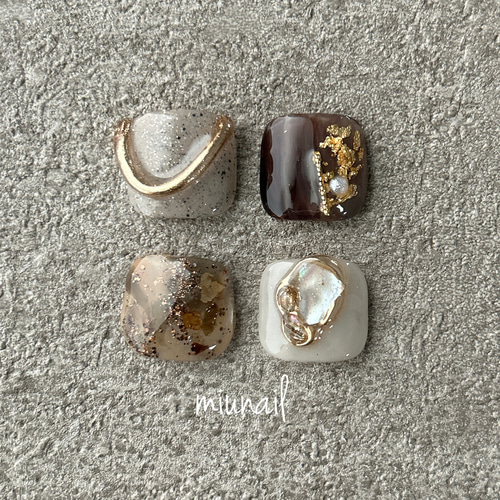 足用親指のみ4枚set【おまかせニュアンス①ブラウン】フットネイル  