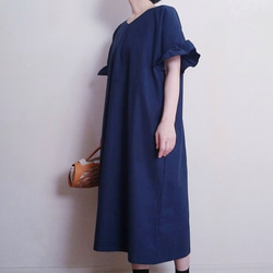 Creema限定　 Hirahirasode one piece harf linen canvas 濃藍 2枚目の画像