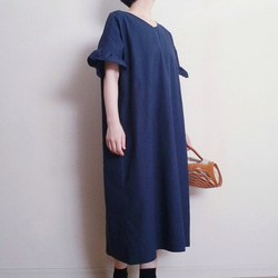 Creema限定　 Hirahirasode one piece harf linen canvas 濃藍 4枚目の画像