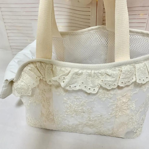 Mサイズ ☆チェックフラワー レース スリングバッグ犬キャリーバッグ