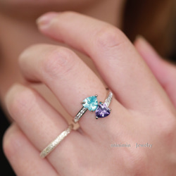 MR26】アメジストとスカイブルートパーズの2粒リング ペアハート