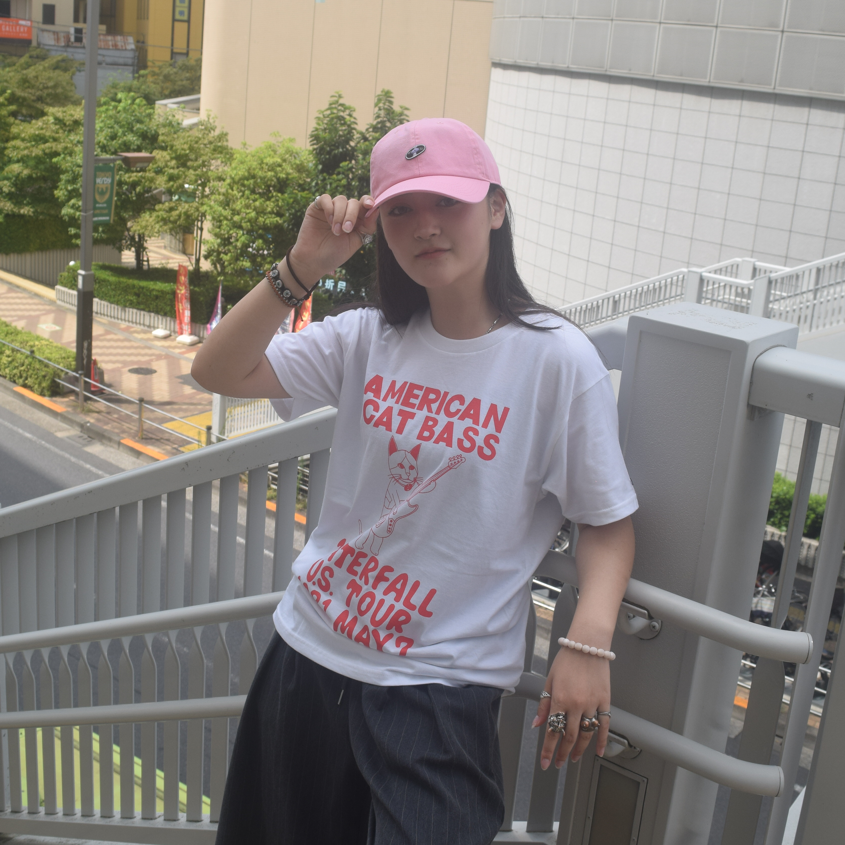 猫ツアーT「猫ベース」（レコードワッペン）　ホワイト　Mサイズ　WATERFALLオリジナル　生産数量限定品