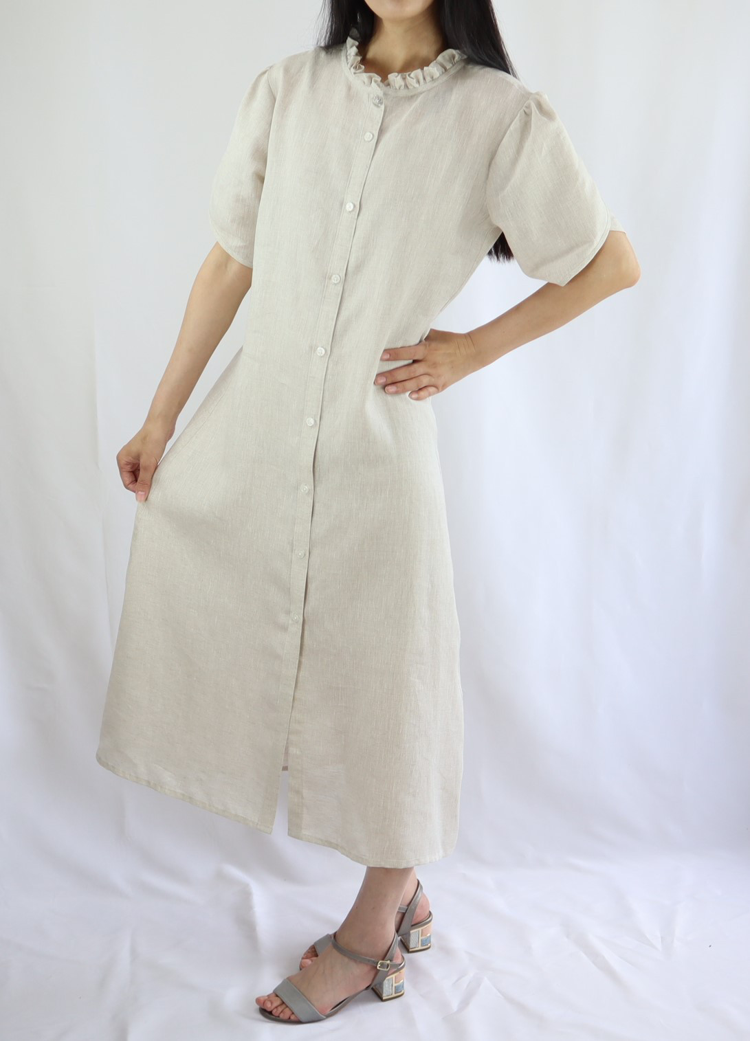 S～5L選べる7サイズ　マキシワンピース　麻　フリル衿　チューリップ袖　ベージュ