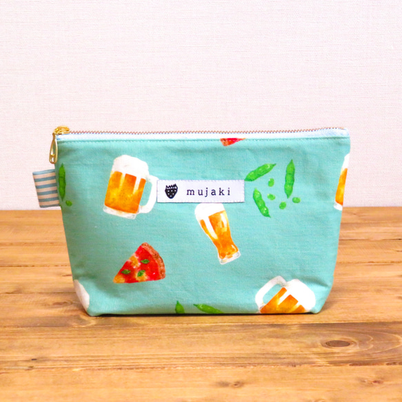 ビールとおつまみ柄ポーチ オリジナル生地 ”Cheers! ” ポーチ mujaki