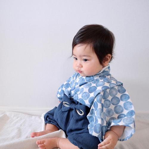 ⭐︎お客⭐︎ふんわりガーゼのベビー袴［まる柄×ネイビー］ちょこんと布かぶと ☆人気No.1☆ふんわりガーゼのベビー袴 [まる柄×ネイビー] お