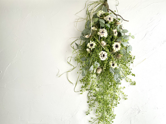 ロングスワッグ　グリーン　クリームブラウン　ナチュラル　アーティフィシャルフラワー　造花　ウォールデコ　壁飾り 2枚目の画像