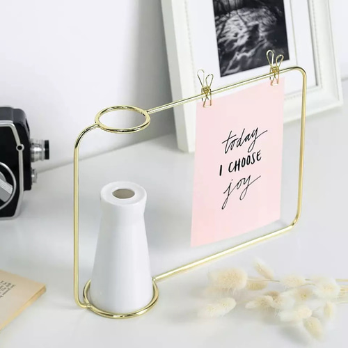 丸葉ユーカリゴールド3輪】set花瓶付きゴールドワイヤーフォトスタンド