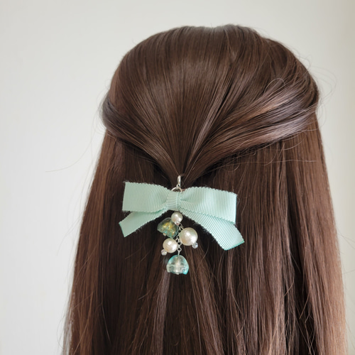 ゆらゆらリボン ポニーフック フラワーパール ミントグリーン ポニー  