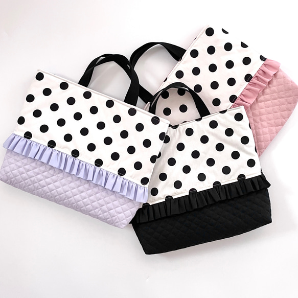 ことぽこさま☆専用　フリルレッスンバッグ ジュース入れ　水玉　ドット ⚫︎ドット フリル⚫︎ レッスンバッグ 通園バッグ くすみカラー