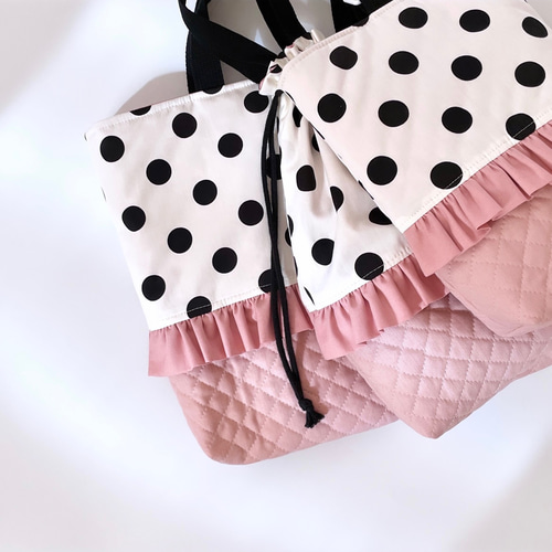 12 ハンドメイドフリルシューズケースシューズ袋水玉ドットチェリー