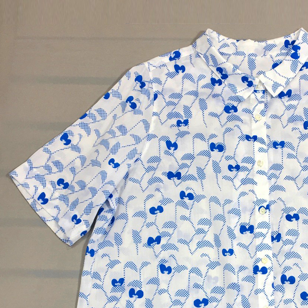 選べる【受注製作】絹のような綿100%サテン　草花模様の半袖シャツ　/ ツユクサ　草花模様　ボタニカル