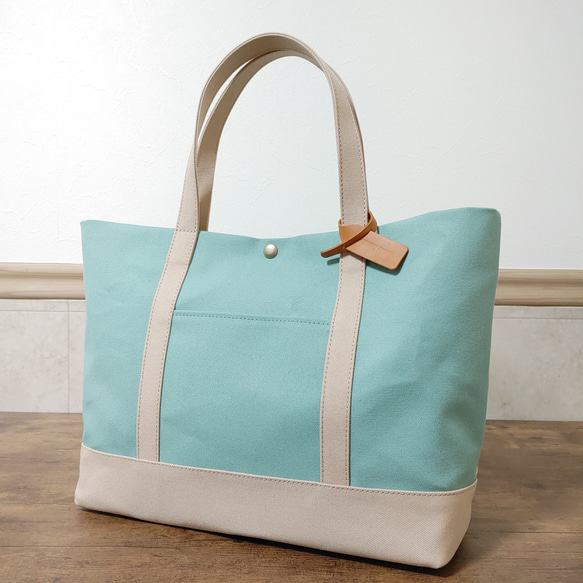 ハンドメイド•トートバッグ•手提げバッグ•グリーン•ドット柄•帆布•ハート 帆布トートバッグ L ミントグリーン×ピンクベージュ トート